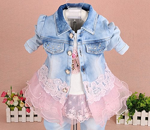 Yao Baby Girls Denim Clothing Sets 3 Pieces Sets T Shirt Denim Jacket and Jeans - Image 4